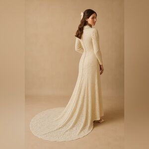 1970s Edwardian-Revival Ivory Lace Wedding Gown (XS) w/ Cathedral Train